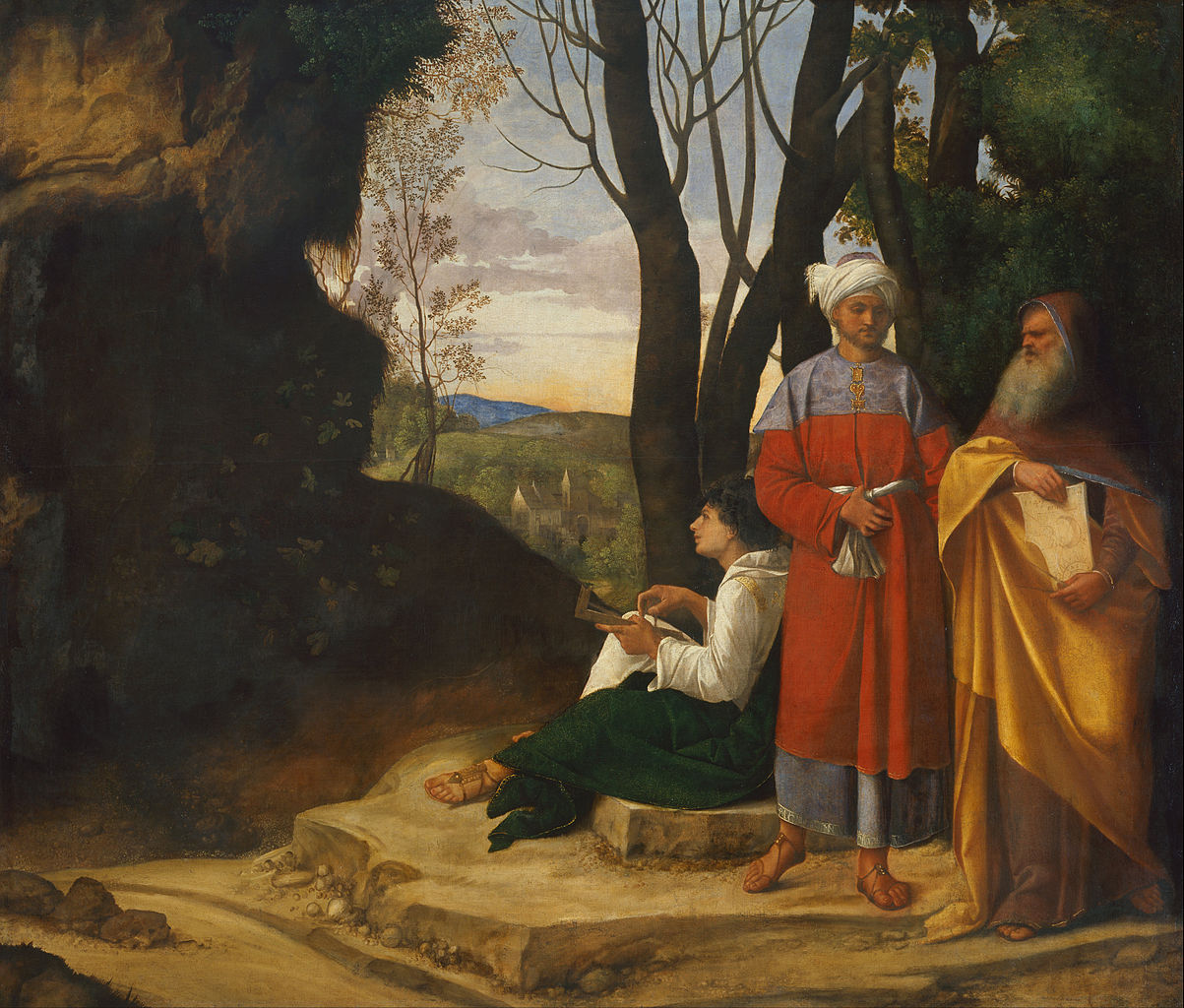oil painting by Giorgione, Three Philosophers, c.1508–1509. Three sumptuously but very differently dressed phsilosophers: an old bearded man, possibly Greek; a Persian or Arab philosopher; and a sitting young man holding a right-angle triangle, in an outodoor landscape.