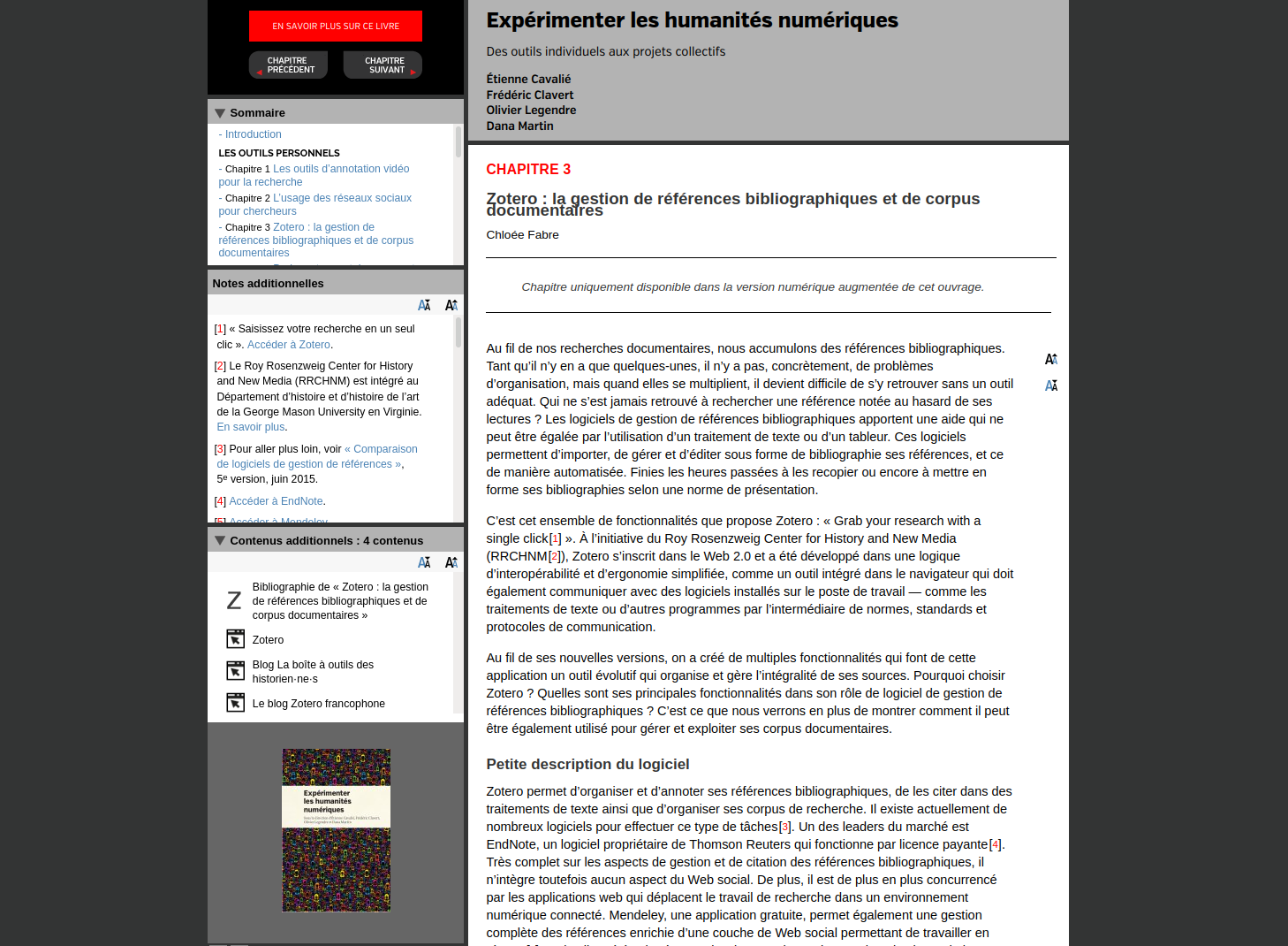 A screenshot of what an article looks like in the SPIP system. The article is written in French. The top of the screen shows the title, subtitle, and author names. The main body of the page has the full article with subheadings. The sidebar on the left side is separated into three panes. The top has navigational links for the article, the middle has the article’s footnotes, and the bottom has the enriched metadata