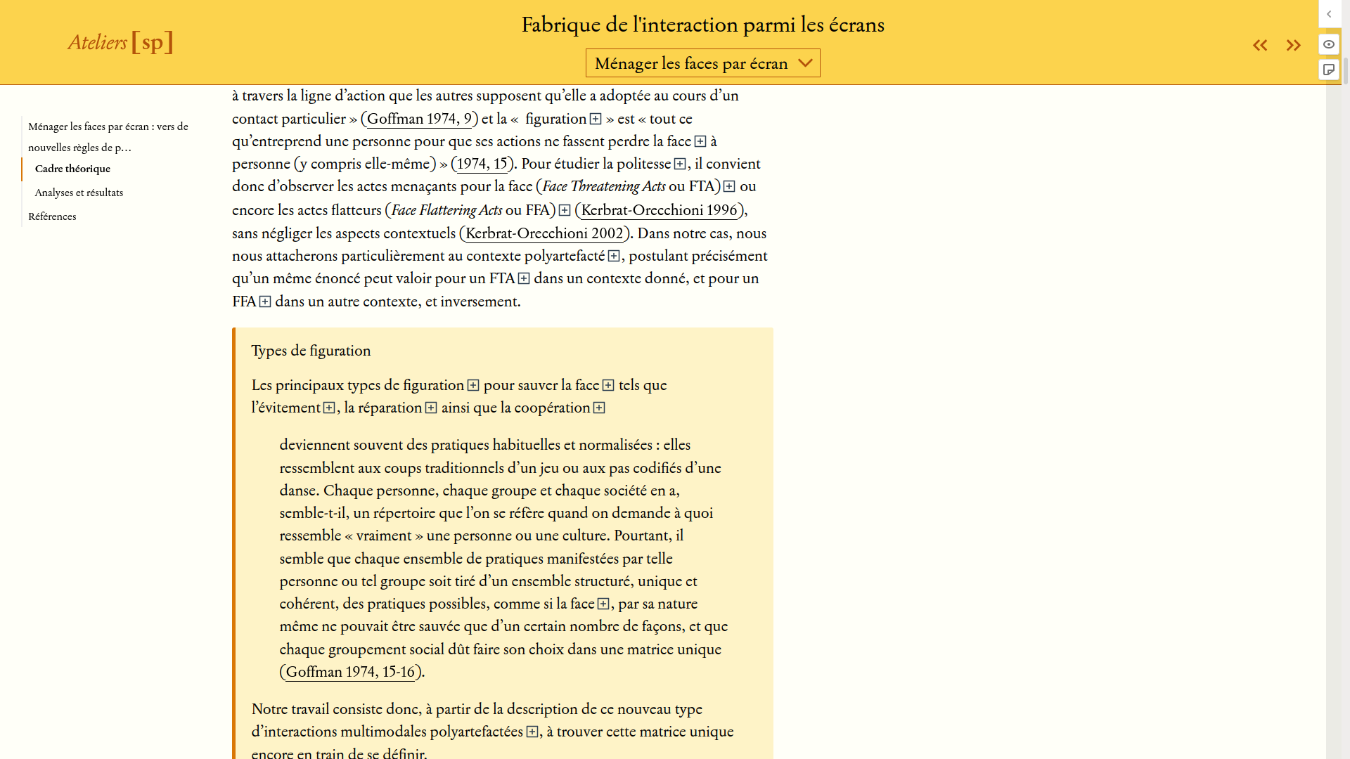 A screenshot of an Ateliers article using the Le Pressoir factory. The article is in French. The top bar has a navigational option for different editions of a journal. The main body of the page has the text of the article. The left sidebar has article navigation options.