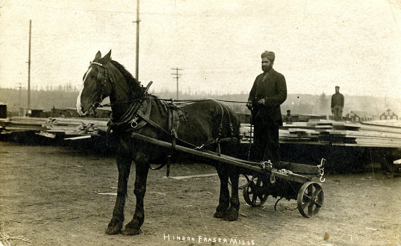 A black-and-white photograph displaying a mill worker standing on a horse-drawn cart at Fraser Mills. The text reads: “Hindoo Fraser Mills.”